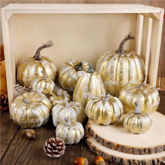 12 Pcs | Thanksgiving Pumpkin Decorations | Artificial Foam Golden Pumpkins - Picture 1 of 8